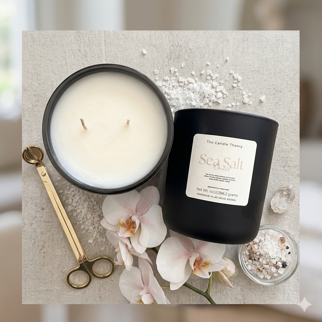 Two candles, a pair of scissors, and flowers on a textured surface with a blurred background.