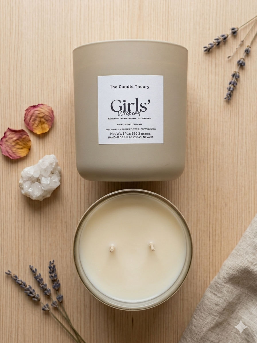 Candle with a label on a wooden surface with decorative elements