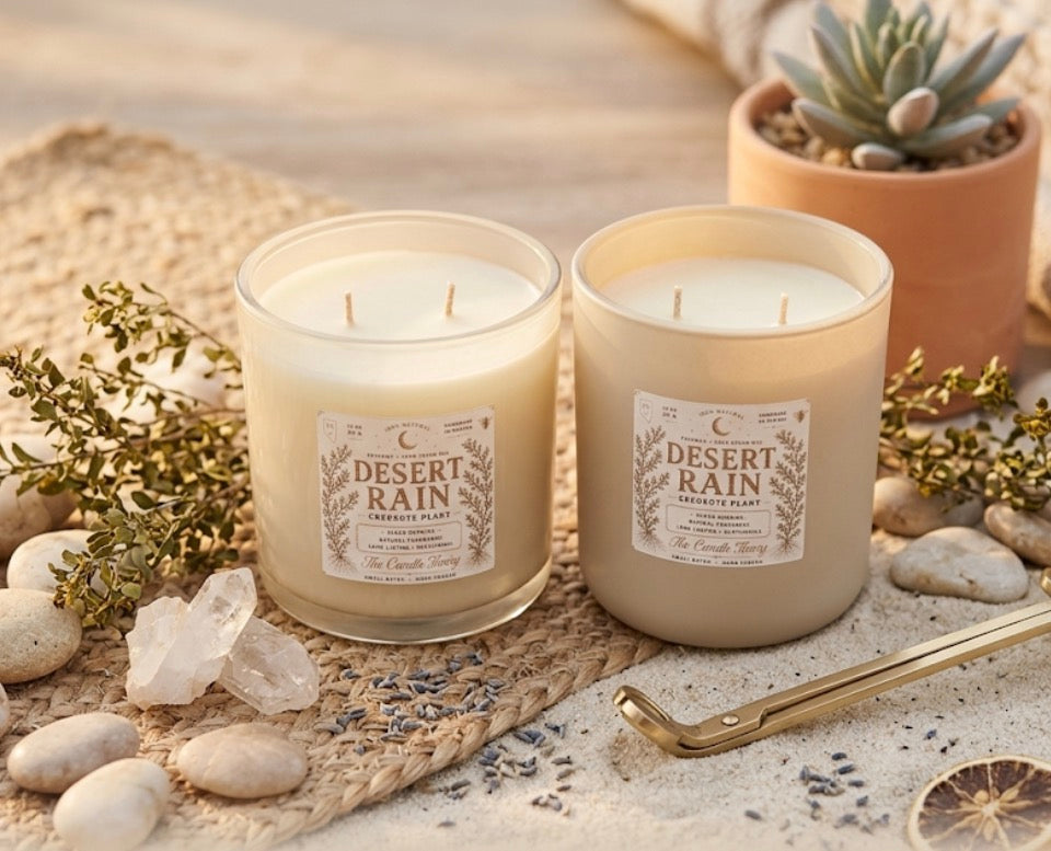 Two 'Desert Rain' candles on a textured surface with plants and stones.
