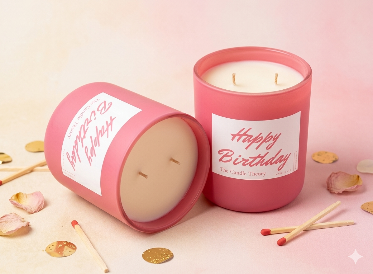 Two pink candles with 'Happy Birthday' labels on a light pink background.