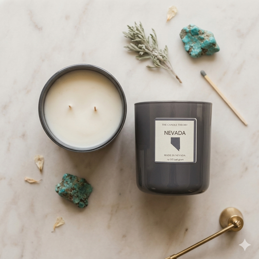 Two candles on a marble surface with decorative elements