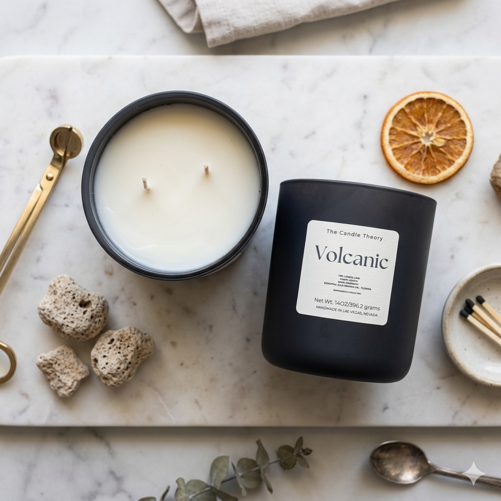 Black candle labeled 'Volcanic' on a marble surface with decorative elements.