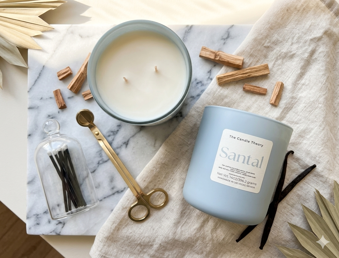Candle with vanilla beans and a label on a marble surface