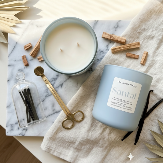Candle with vanilla beans and a label on a marble surface