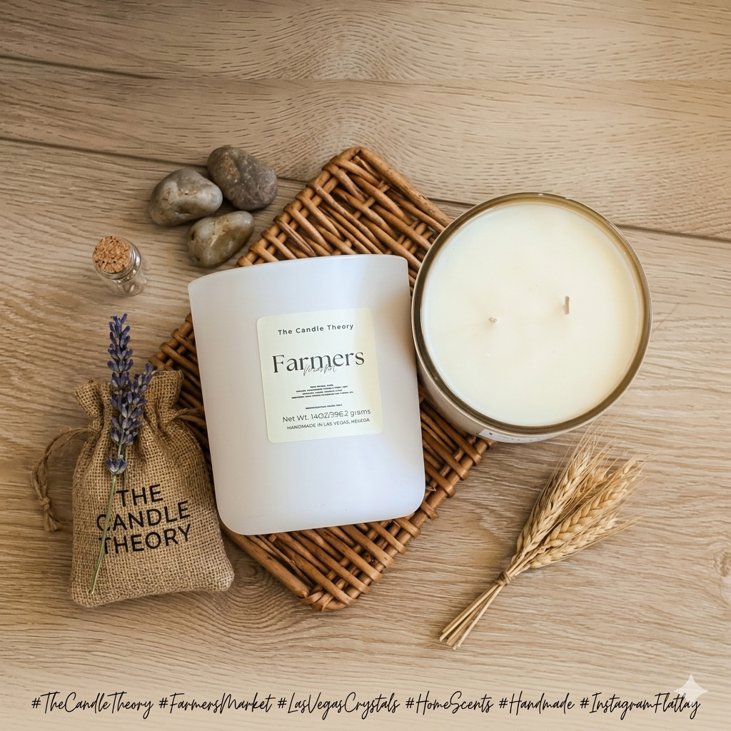 Candles and decorative items on a wooden surface with 'The Candle Theory' branding.
