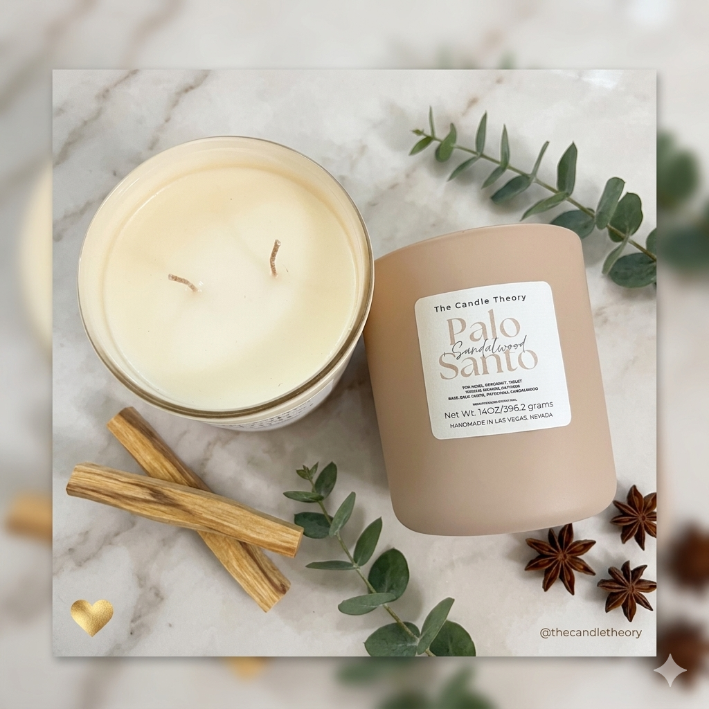 Palo Santo candle and packaging on a marble surface with greenery and cinnamon sticks.