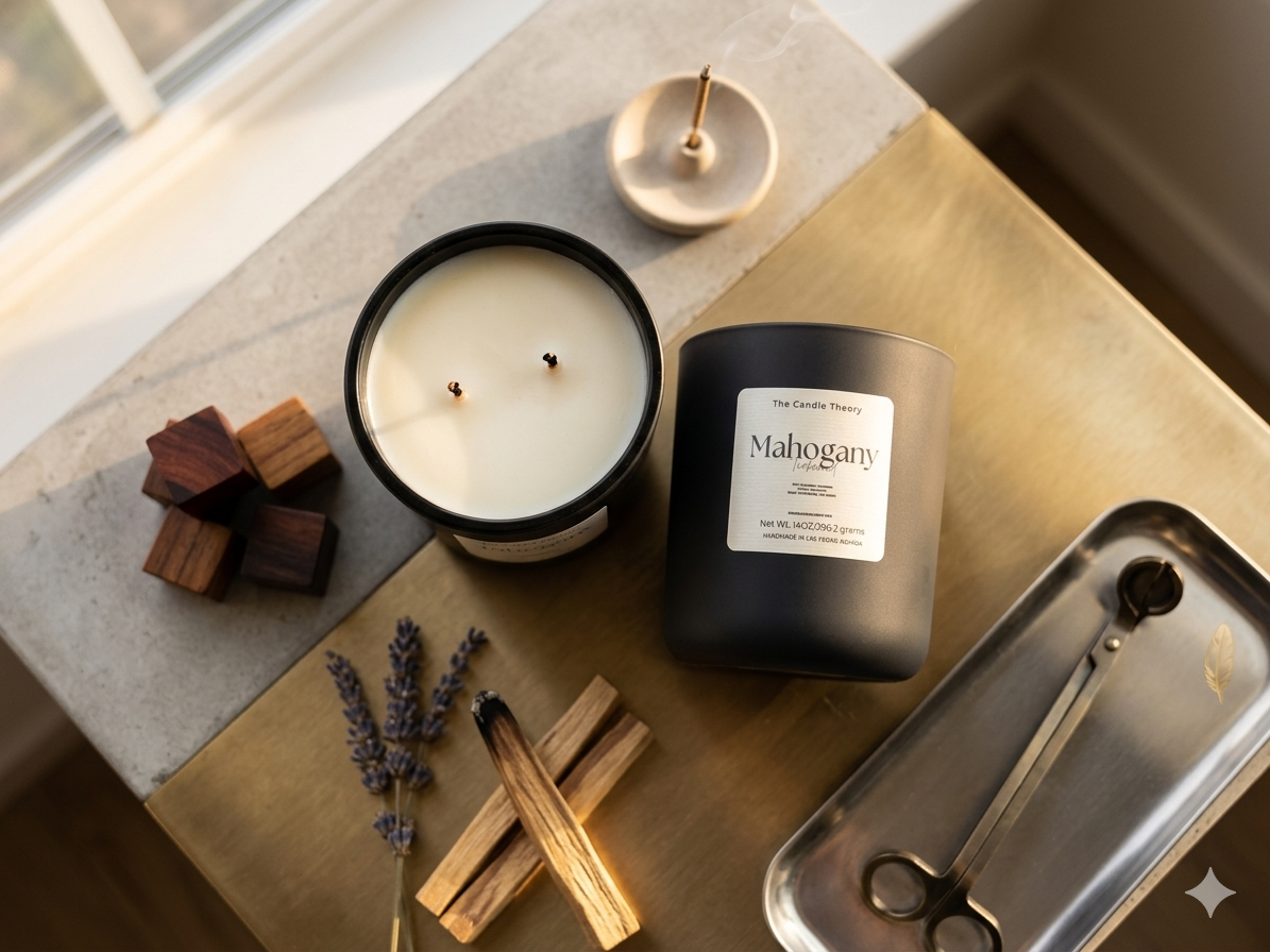 Candle with wooden packaging and lavender on a wooden surface