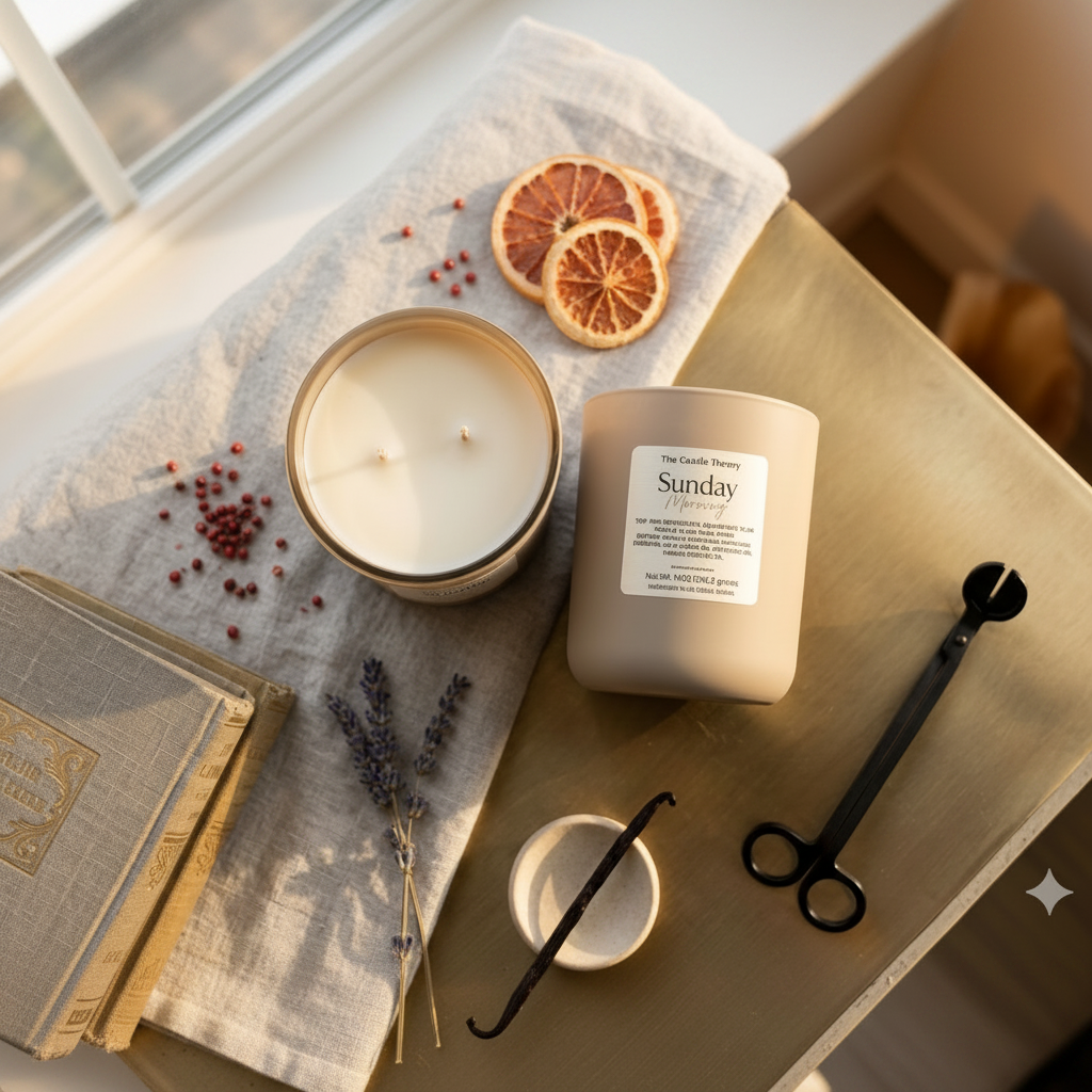 Two candles on a wooden surface with dried oranges, lavender, and a vanilla bean.