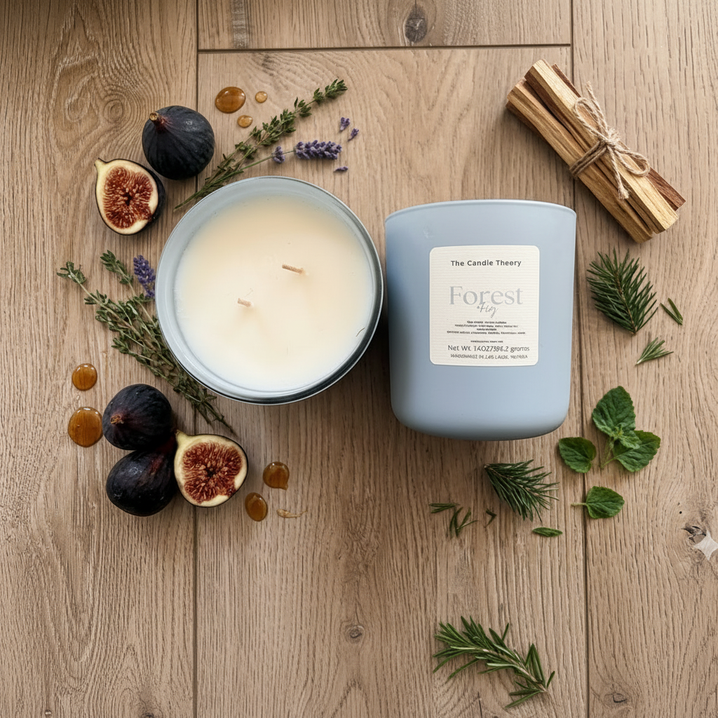 Candle with packaging on a wooden surface with herbs and figs