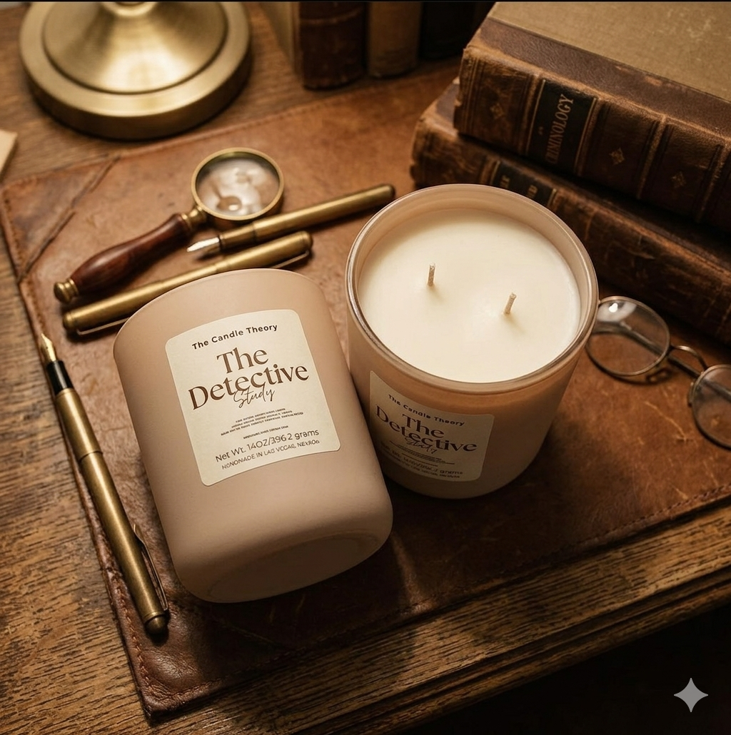 Two candles labeled 'The Detective Story' on a wooden surface with vintage books and tools.