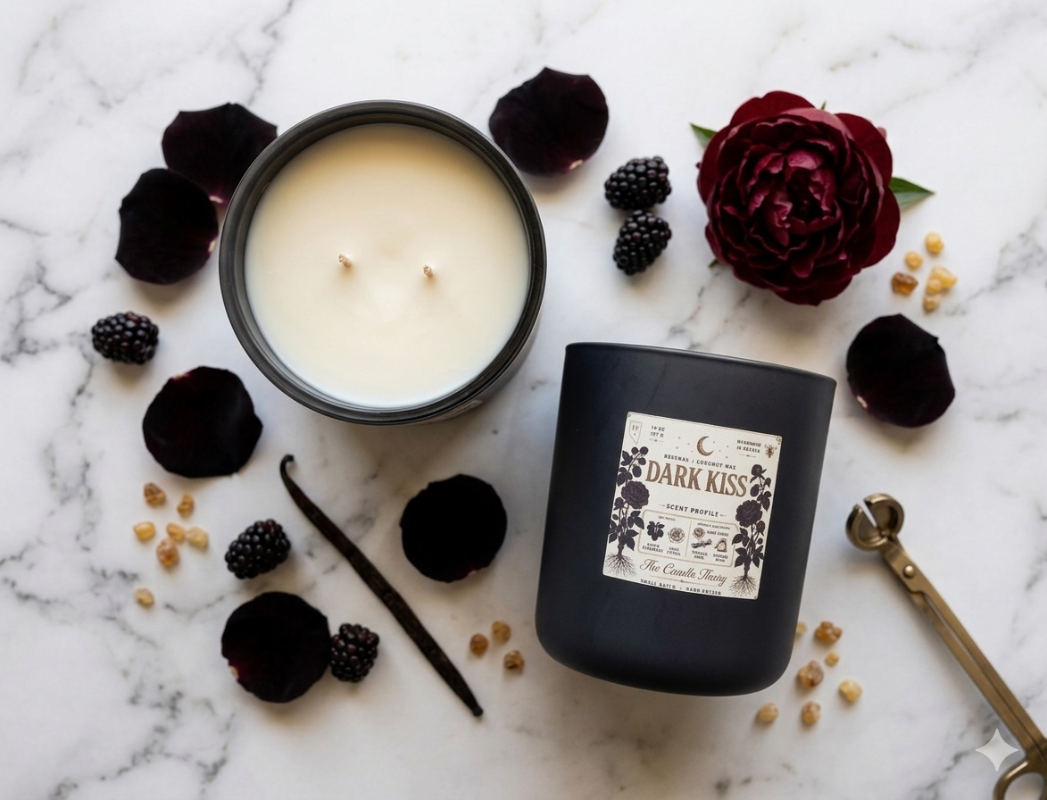Candle with 'Dark Kiss' label surrounded by blackberries, vanilla bean, and flowers on a marble surface.