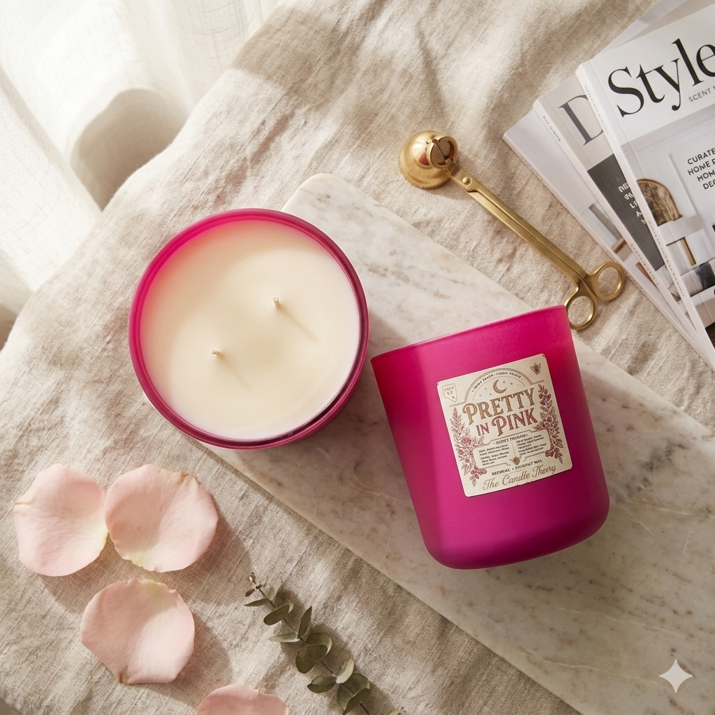Pink candle with a label on a textured surface with pink petals and a gold spoon.