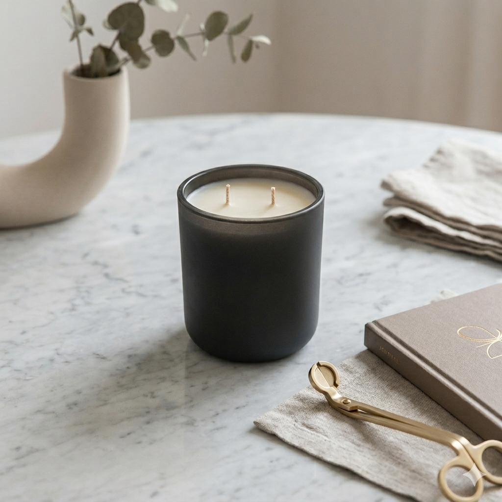 Black candle in a jar on a marble surface with a plant and notebook in the background
