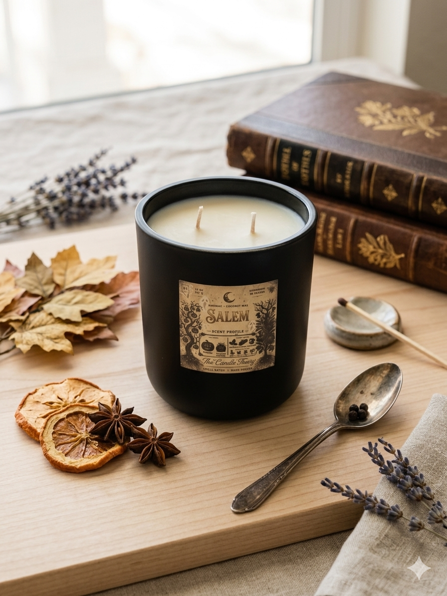 Black candle with a label on a wooden surface with books, dried leaves, and lavender.
